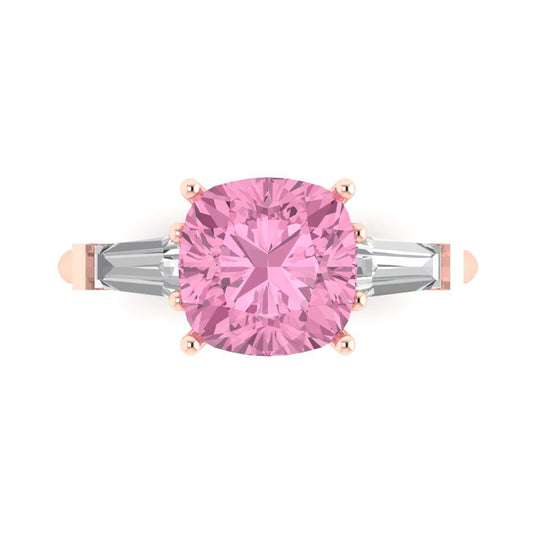 3 cttw Zirconia Simulated Pink Diamond Three-Stone Engagement Ring - Solid Rose Gold (VVS1, Cushion Cut,8.0mm)
