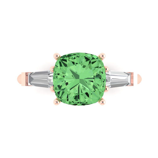3 cttw Zirconia Simulated Green Diamond Three-Stone Engagement Ring - Solid Rose Gold (VVS1, Cushion Cut,8.0mm)