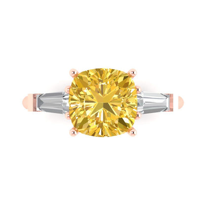 3 cttw Zirconia Simulated Yellow Diamond Three-Stone Engagement Ring - Solid Gold (VVS1, Cushion Cut,8.0mm)