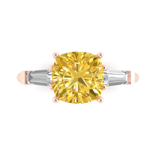 3 cttw Zirconia Simulated Yellow Diamond Three-Stone Engagement Ring - Solid Rose Gold (VVS1, Cushion Cut,8.0mm)