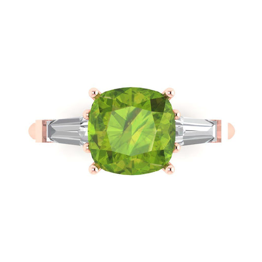 3 cttw Natural Peridot Three-Stone Engagement Ring - Solid Rose Gold (VVS1, Cushion Cut,8.0mm)
