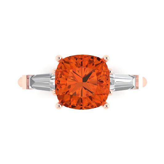 3 cttw Zirconia Simulated Red Diamond Three-Stone Engagement Ring - Solid Rose Gold (VVS1, Cushion Cut,8.0mm)