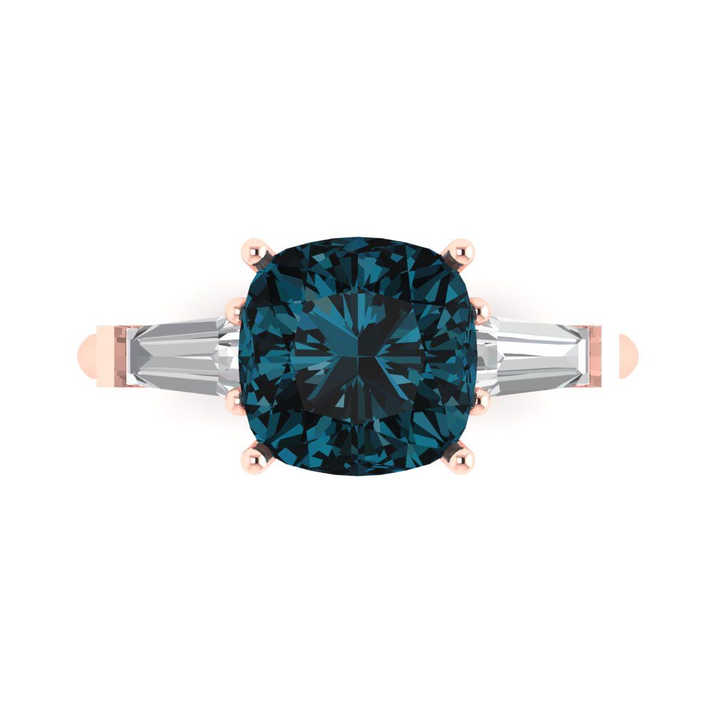 3 cttw Natural London Blue Topaz Three-Stone Engagement Ring - Solid Rose Gold (VVS1, Cushion Cut,8.0mm)