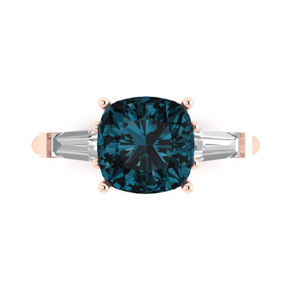 3 cttw Natural London Blue Topaz Three-Stone Engagement Ring - Solid Rose Gold (VVS1, Cushion Cut,8.0mm)