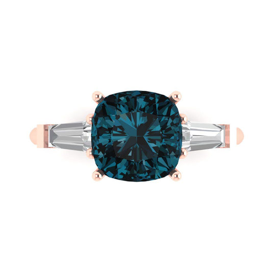 3 cttw Natural London Blue Topaz Three-Stone Engagement Ring - Solid Rose Gold (VVS1, Cushion Cut,8.0mm)