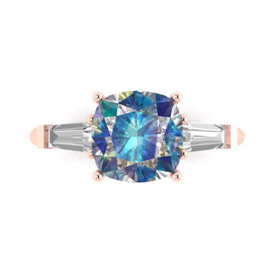3 cttw Blue Moissanite Three-Stone Engagement Ring - Solid Rose Gold (VVS1, Cushion Cut,8.0mm)