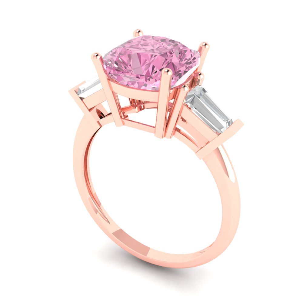 3 cttw Zirconia Simulated Pink Diamond Three-Stone Engagement Ring - Solid Gold (VVS1, Cushion Cut,8.0mm)