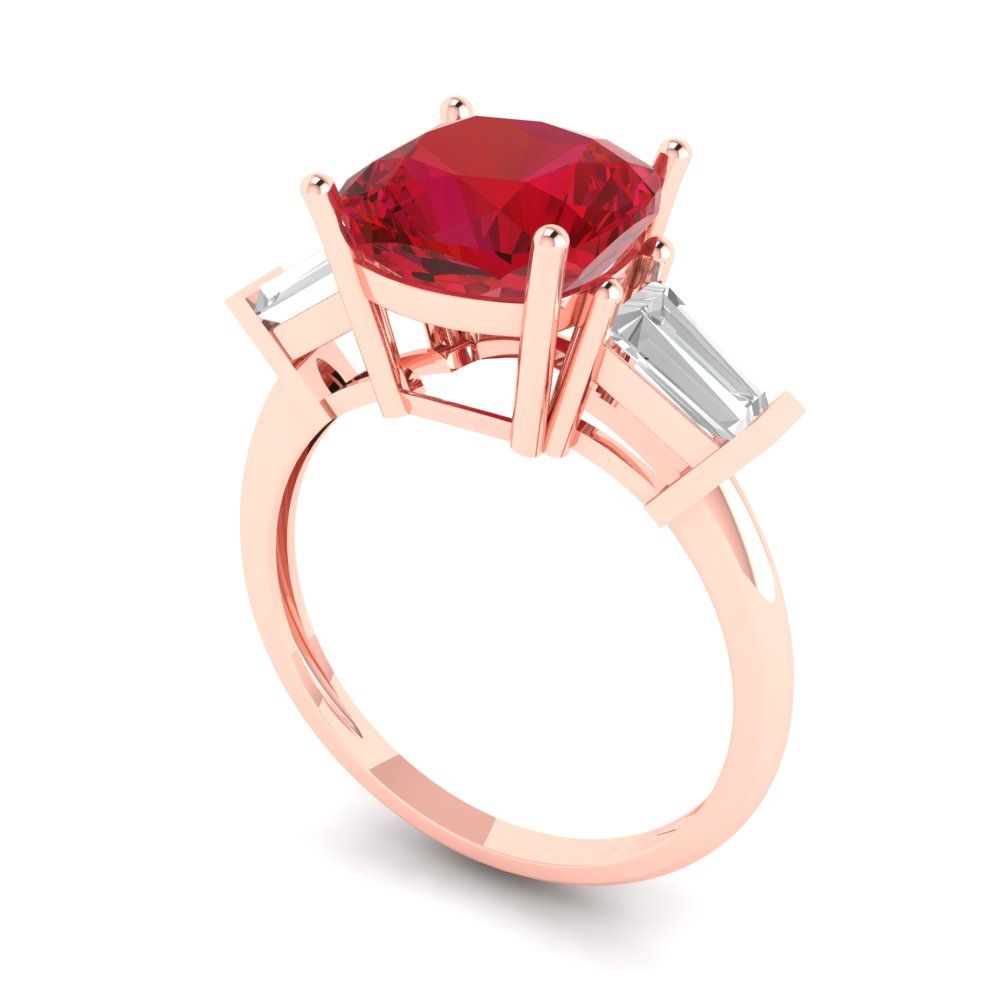 3 cttw Simulated Ruby Three-Stone Engagement Ring - Solid Rose Gold (VVS1, Cushion Cut,8.0mm)
