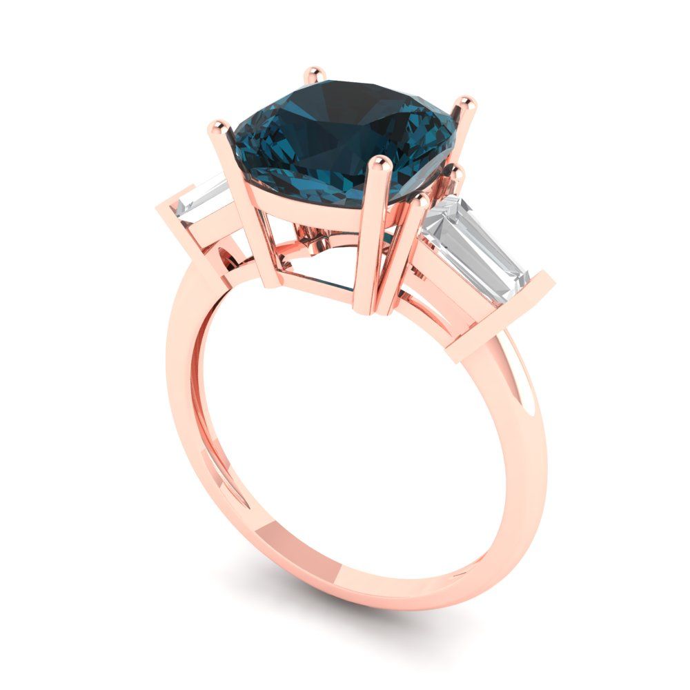 3 cttw Natural London Blue Topaz Three-Stone Engagement Ring - Solid Rose Gold (VVS1, Cushion Cut,8.0mm)