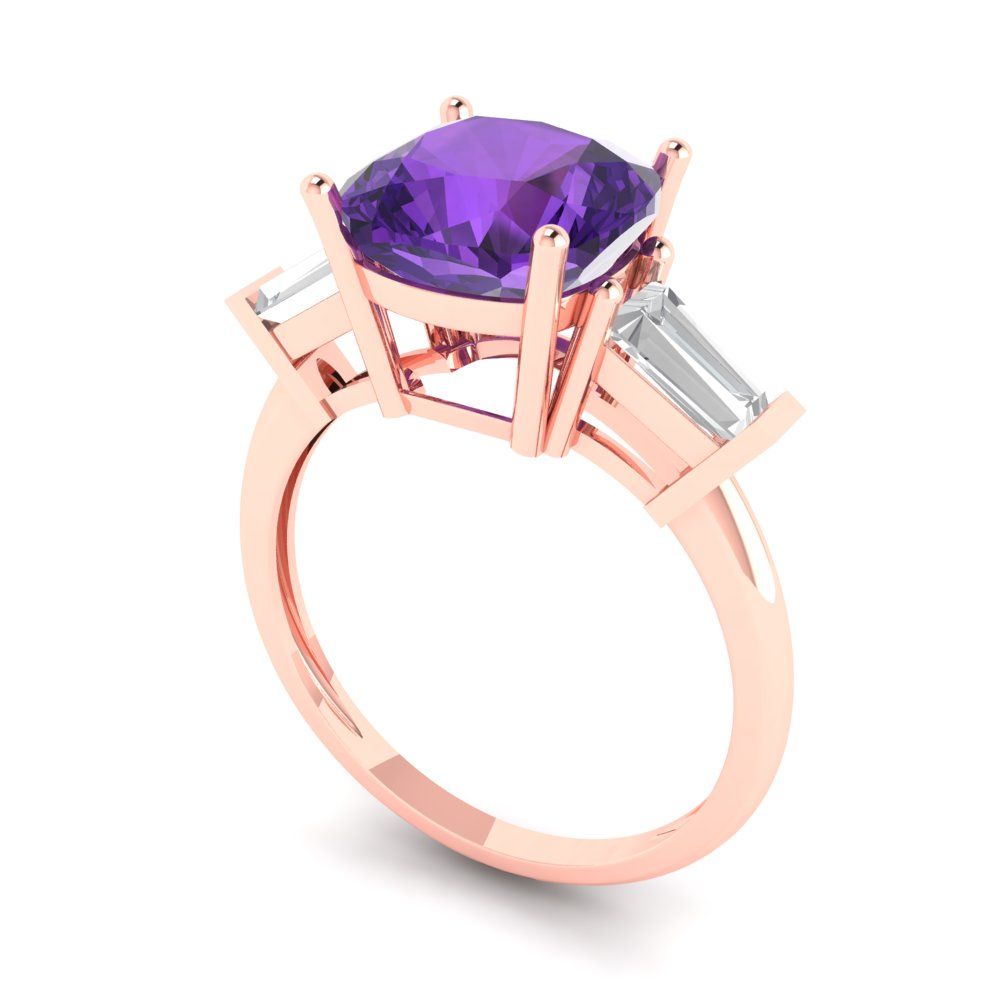 3 cttw Natural Amethyst Three-Stone Engagement Ring - Solid Gold (Cushion Cut,8.0mm)