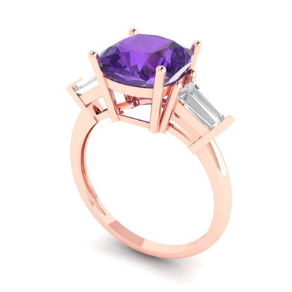 3 cttw Natural Amethyst Three-Stone Engagement Ring - Solid Gold (Cushion Cut,8.0mm)