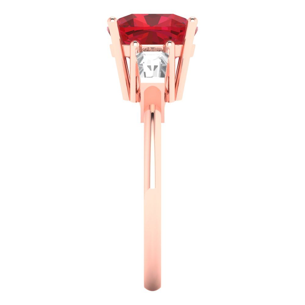 3 cttw Simulated Ruby Three-Stone Engagement Ring - Solid Rose Gold (VVS1, Cushion Cut,8.0mm)