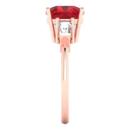 3 cttw Simulated Ruby Three-Stone Engagement Ring - Solid Rose Gold (VVS1, Cushion Cut,8.0mm)