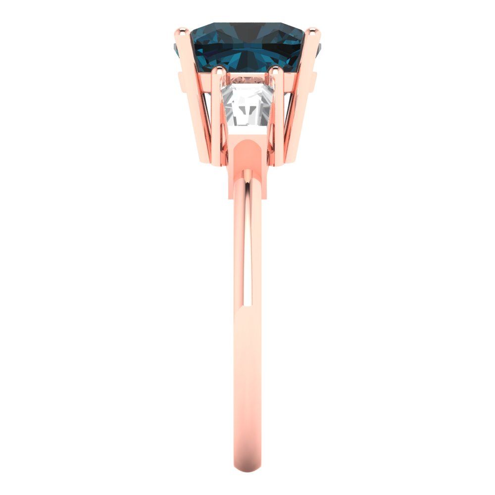 3 cttw Natural London Blue Topaz Three-Stone Engagement Ring - Solid Rose Gold (VVS1, Cushion Cut,8.0mm)