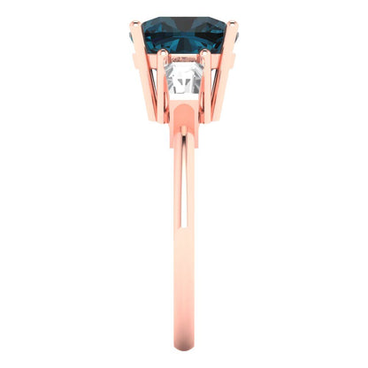 3 cttw Natural London Blue Topaz Three-Stone Engagement Ring - Solid Rose Gold (VVS1, Cushion Cut,8.0mm)