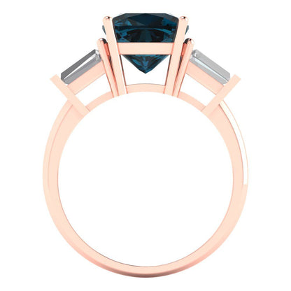 3 cttw Natural London Blue Topaz Three-Stone Engagement Ring - Solid Rose Gold (VVS1, Cushion Cut,8.0mm)