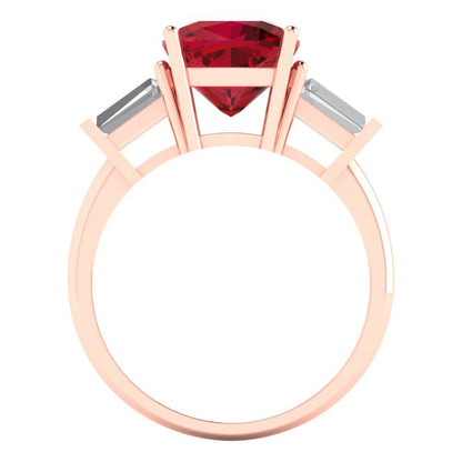 3 cttw Simulated Ruby Three-Stone Engagement Ring - Solid Rose Gold (VVS1, Cushion Cut,8.0mm)