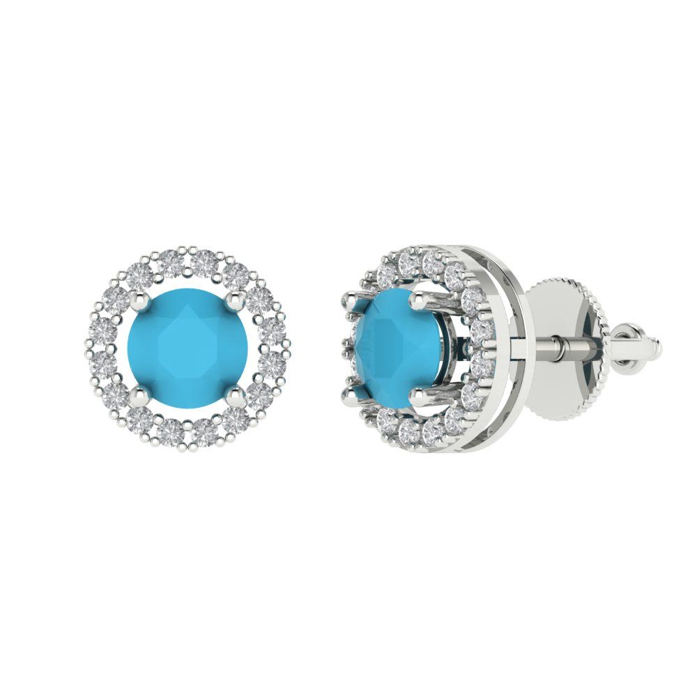 1.24 ctw Turquoise Studs Earrings | 5.0mm Round Cut White Gold Screw back | December Birthstone
