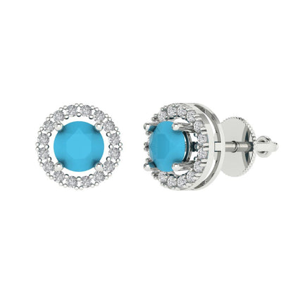 1.24 ctw Turquoise Studs Earrings | 5.0mm Round Cut White Gold Screw back | December Birthstone