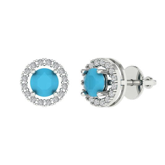 1.24 ctw Turquoise Studs Earrings | 5.0mm Round Cut White Gold Screw back | December Birthstone