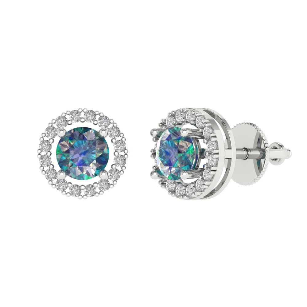 1.24 ctw Blue Moissanite Studs Earrings | 5.0mm Round Cut White Gold Screw back | April Birthstone