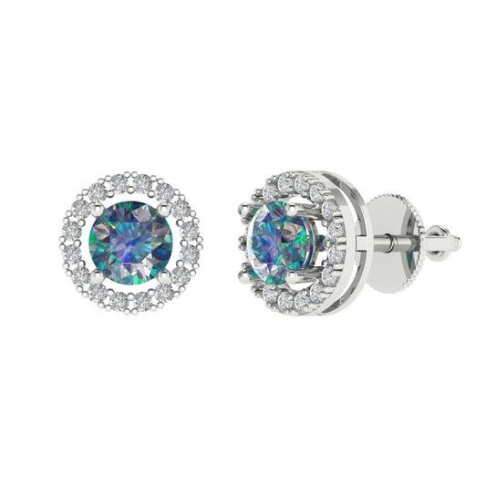 1.24 ctw Blue Moissanite Studs Earrings | 5.0mm Round Cut White Gold Screw back | April Birthstone