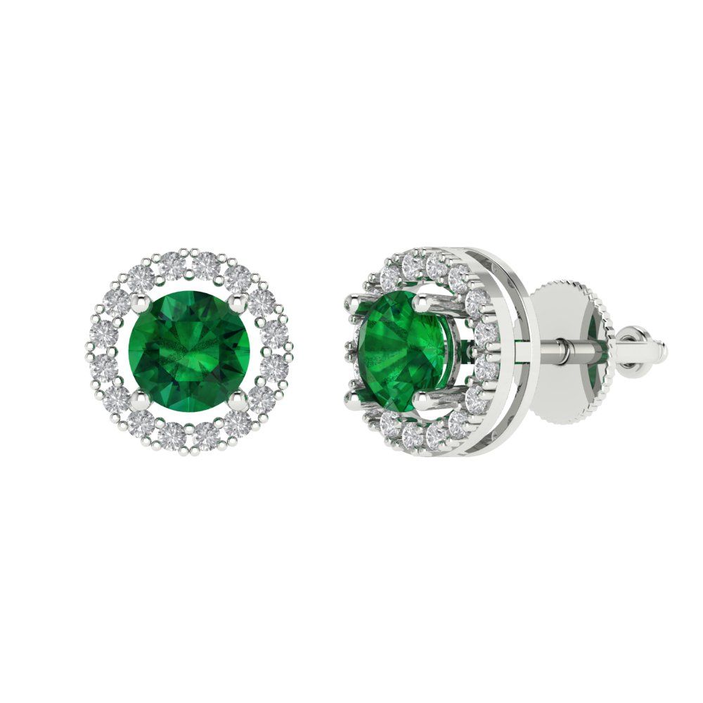 1.24 ctw Emerald Studs Earrings | 5.0mm Round Cut White Gold Screw back | May Birthstone