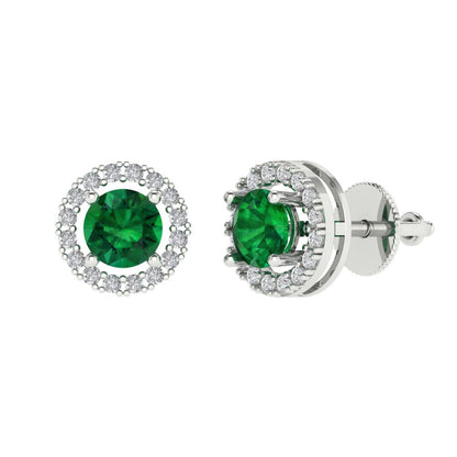 1.24 ctw Emerald Studs Earrings | 5.0mm Round Cut White Gold Screw back | May Birthstone