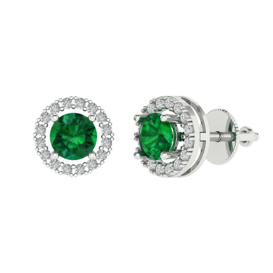 1.24 ctw Emerald Studs Earrings | 5.0mm Round Cut White Gold Screw back | May Birthstone