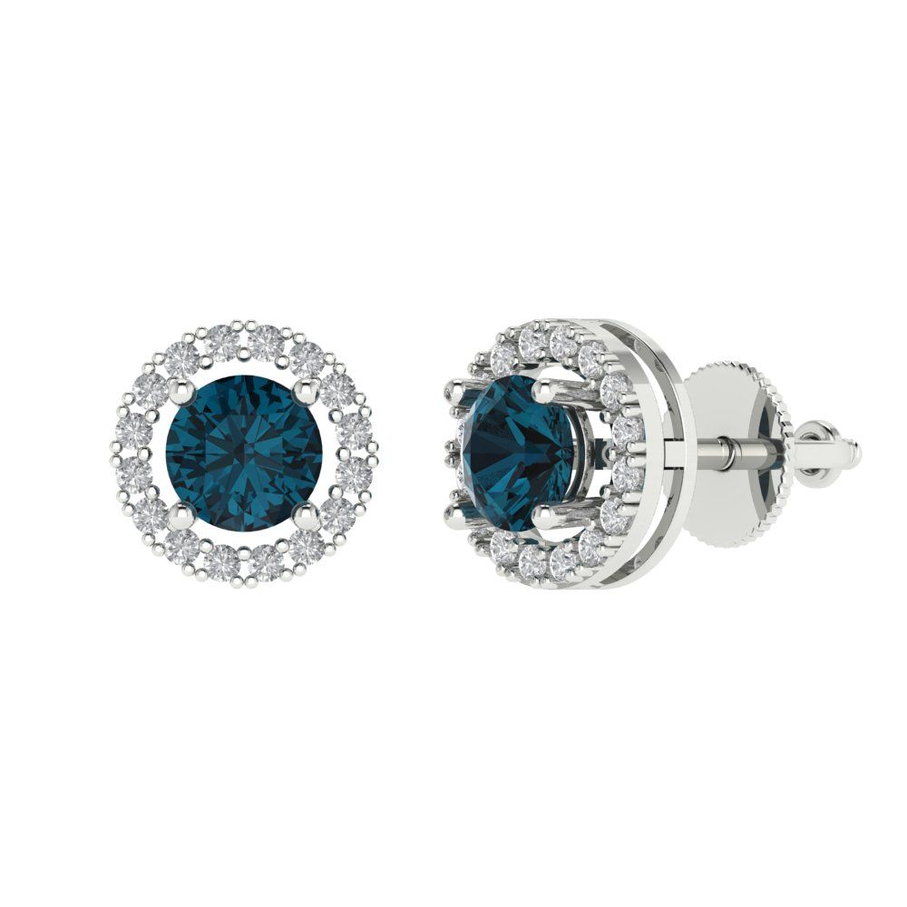 1.24 ctw London Blue Topaz Studs Earrings | 5.0mm Round Cut White Gold Screw back | December Birthstone