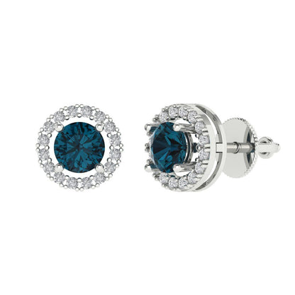1.24 ctw London Blue Topaz Studs Earrings | 5.0mm Round Cut White Gold Screw back | December Birthstone