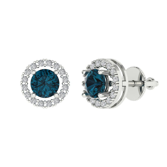 1.24 ctw London Blue Topaz Studs Earrings | 5.0mm Round Cut White Gold Screw back | December Birthstone