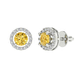 1.3 ct Brilliant Round Cut Halo Studs Natural Citrine Stone White Gold Earrings Screw back