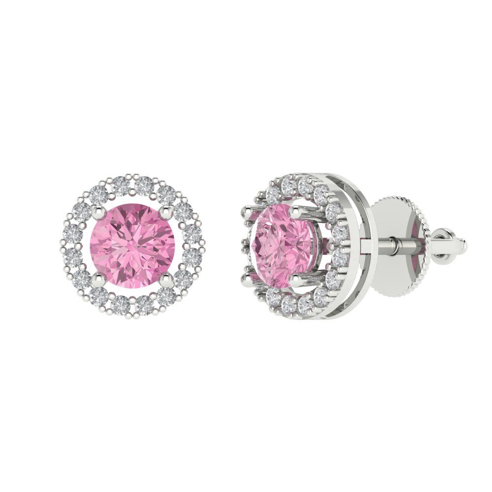 1.24 ctw Pink Zirconia Studs Earrings | 5.0mm Round Cut White Gold Screw back | April Birthstone