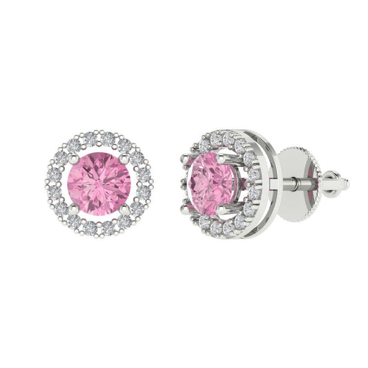 1.24 ctw Pink Zirconia Studs Earrings | 5.0mm Round Cut White Gold Screw back | April Birthstone