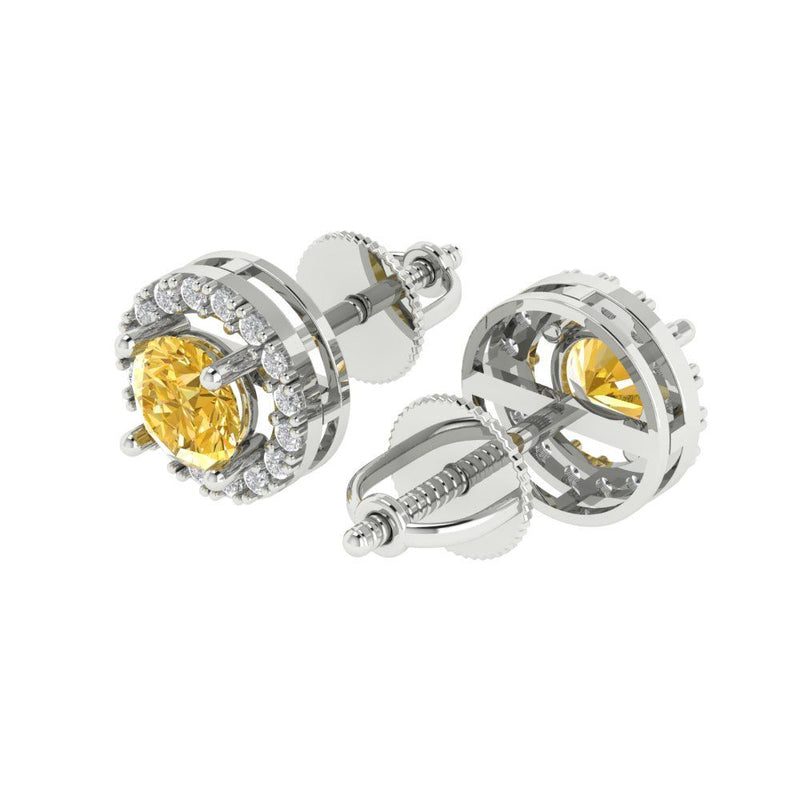 1.3 ct Brilliant Round Cut Halo Studs Natural Citrine Stone White Gold Earrings Screw back