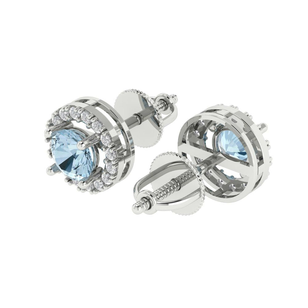 1.24 ctw Aquamarine Studs Earrings | 5.0mm Round Cut White Gold Screw back | March Birthstone
