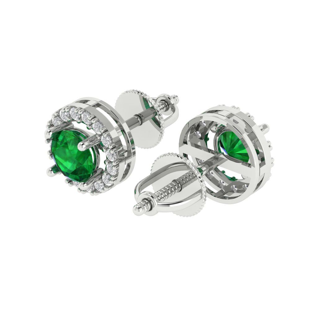 1.24 ctw Emerald Studs Earrings | 5.0mm Round Cut White Gold Screw back | May Birthstone