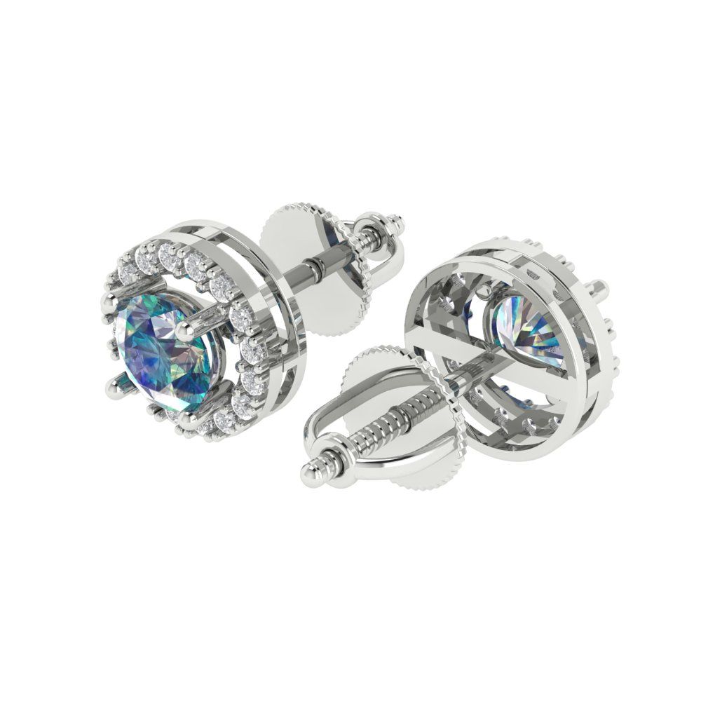 1.24 ctw Blue Moissanite Studs Earrings | 5.0mm Round Cut White Gold Screw back | April Birthstone