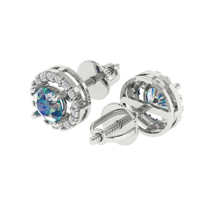 1.24 ctw Blue Moissanite Studs Earrings | 5.0mm Round Cut White Gold Screw back | April Birthstone
