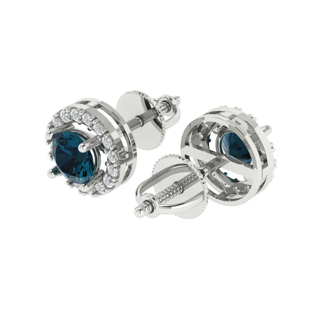 1.24 ctw London Blue Topaz Studs Earrings | 5.0mm Round Cut White Gold Screw back | December Birthstone
