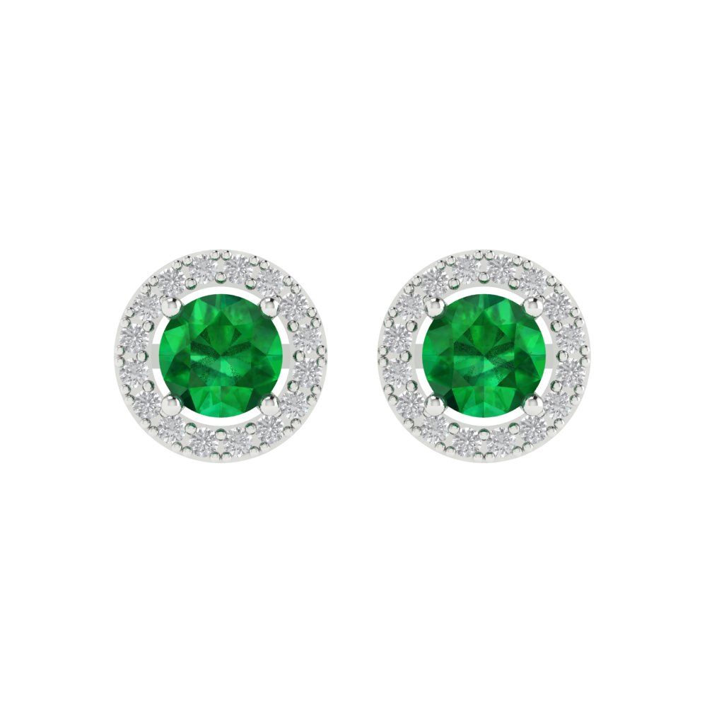 1.24 ctw Emerald Studs Earrings | 5.0mm Round Cut White Gold Screw back | May Birthstone