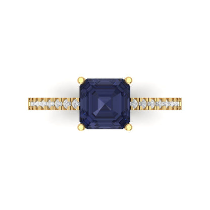 2.7 cttw Simulated Blue Sapphire Solitaire with Zirconia Simulated Diamond Accents Engagement Ring - Solid Gold (Cushion Cut,6.5mm)