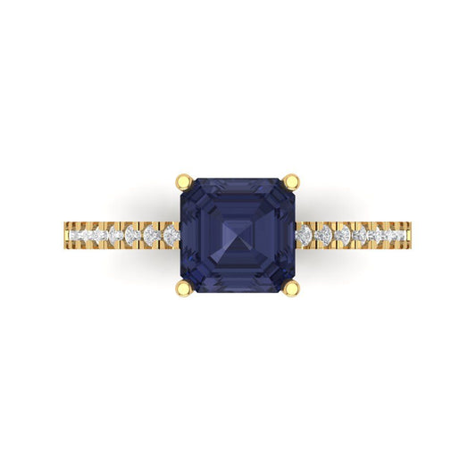 2.7 cttw Simulated Blue Sapphire Solitaire with Zirconia Simulated Diamond Accents Engagement Ring - Solid Yellow Gold (VVS1, Cushion Cut,6.5mm)