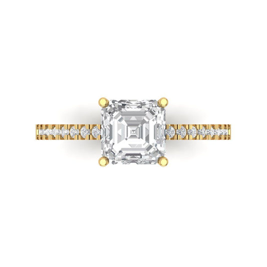2.7 cttw Moissanite Solitaire with Zirconia Simulated Diamond Accents Engagement Ring - Solid Yellow Gold (VVS1, Cushion Cut,6.5mm)