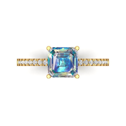 2.7 cttw Blue Moissanite Solitaire with Zirconia Simulated Diamond Accents Engagement Ring - Solid Yellow Gold (VVS1, Cushion Cut,6.5mm)