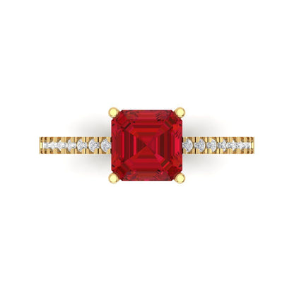 2.7 cttw Simulated Ruby Solitaire with Zirconia Simulated Diamond Accents Engagement Ring - Solid Gold (Cushion Cut,6.5mm)