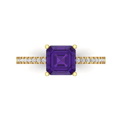 2.7 cttw Natural Amethyst Solitaire with Zirconia Simulated Diamond Accents Engagement Ring - Solid Gold (Cushion Cut,6.5mm)