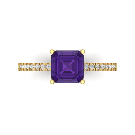 2.7 cttw Natural Amethyst Solitaire with Zirconia Simulated Diamond Accents Engagement Ring - Solid Yellow Gold (VVS1, Cushion Cut,6.5mm)
