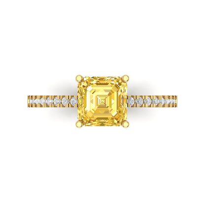 2.7 cttw Zirconia Simulated Yellow Diamond Solitaire with Zirconia Simulated Diamond Accents Engagement Ring - Solid Gold (VVS1, Cushion Cut,6.5mm)